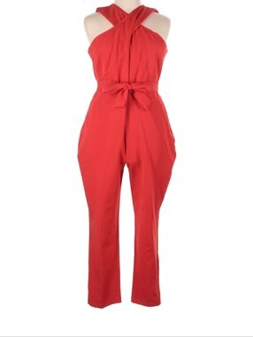New York & Company Red Cross-Neck Strapless Jumpsuit with Waist Tie